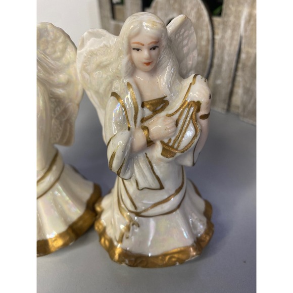 3 Ceramic Angels with Harps and Candles Iridescent Gold Trim Angel Figurines - Picture 3 of 10